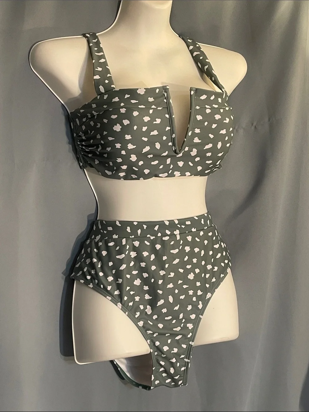High-Waist V-Notch Bikini Set in Sage with White Spot